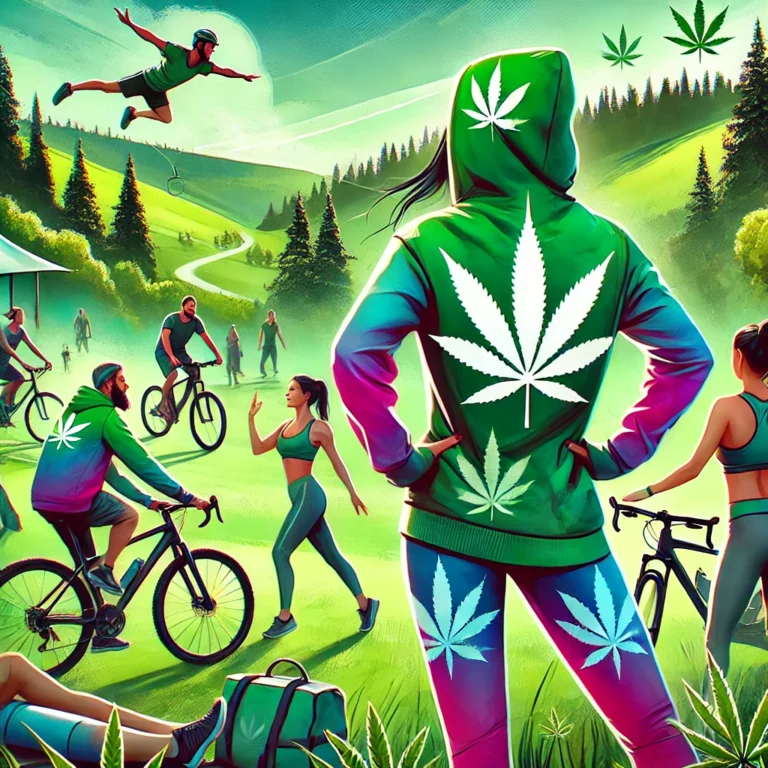 A vibrant outdoor fitness scene featuring people engaging in activities like hiking, yoga, and cycling in a green, nature-filled environment. The individuals are wearing cannabis-themed workout gear.