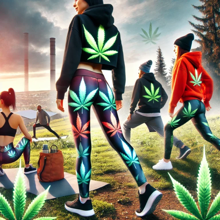 Stylish outdoor fitness scene with individuals wearing cannabis-inspired activewear, including leggings with cannabis leaf designs and hoodies, set in a natural environment with trees and open sky.